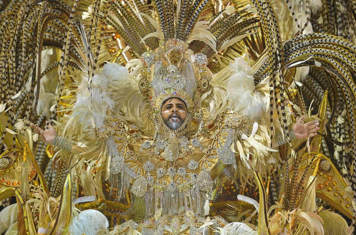 A member of the "Salgueiro" samba school performs during the first night of Rio's Carnival at the Sambadrome in Rio de Janeiro.