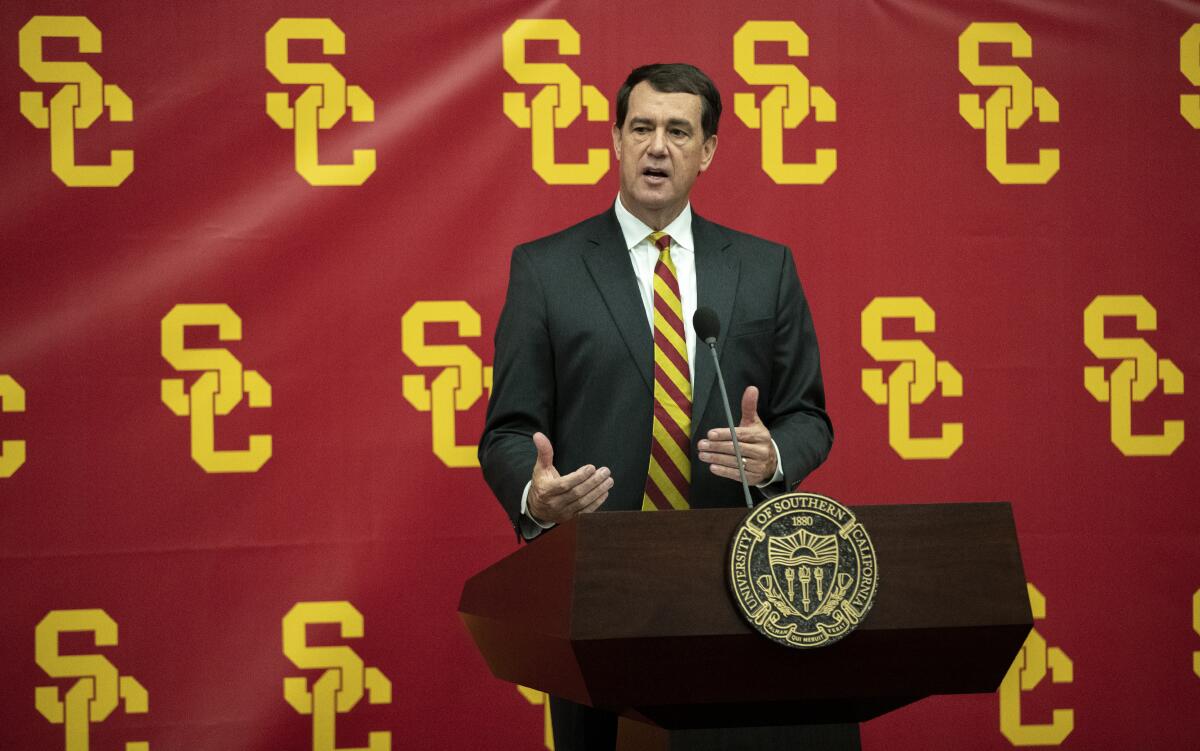New USC athletic director Mike Bohn speaks during a news conference Nov. 7, 2019.