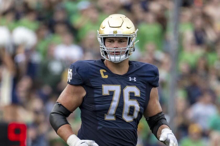 Notre Dame offensive lineman Joe Alt (76) during an NCAA football game on Saturday, Sept. 16, 2023, in South Bend, Ind. (AP Photo/Doug McSchooler)