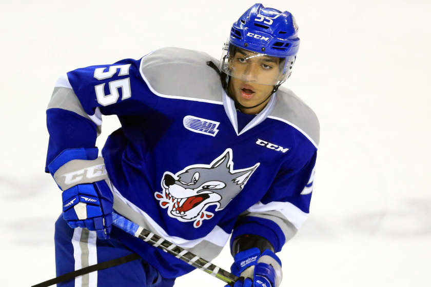 ST CATHARINES, ON - OCTOBER 4: Quinton Byfield #55 of the Sudbury Wolves skates.