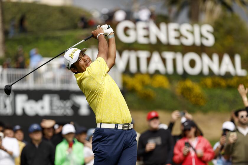 Hideki Matsuyama, of Japan, hits from the 10th tee during the final round of the Genesis Invitational.