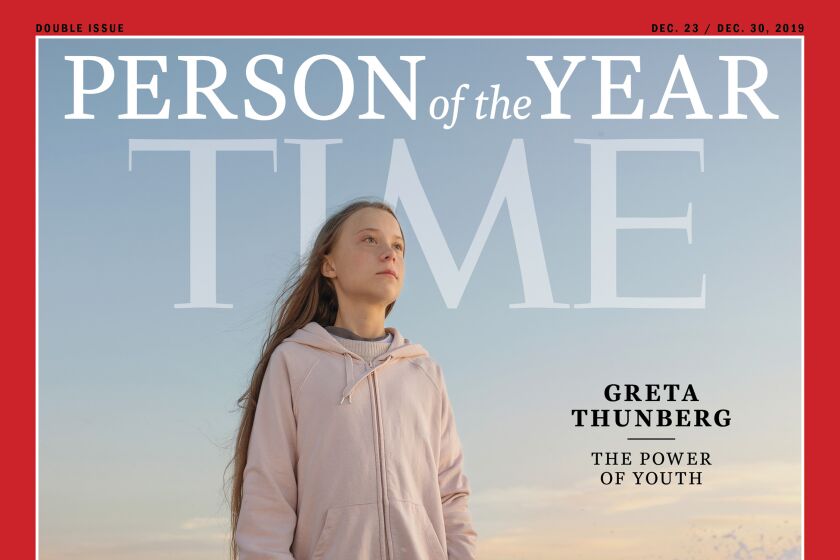 This photo provided by Time magazine shows Greta Thunberg, who has been named Time’s youngest “person of the year” on Wednesday, Dec. 11, 2019. The media franchise said Wednesday on its website that Thunberg is being honored for work that transcends backgrounds and borders. (Time via AP)
