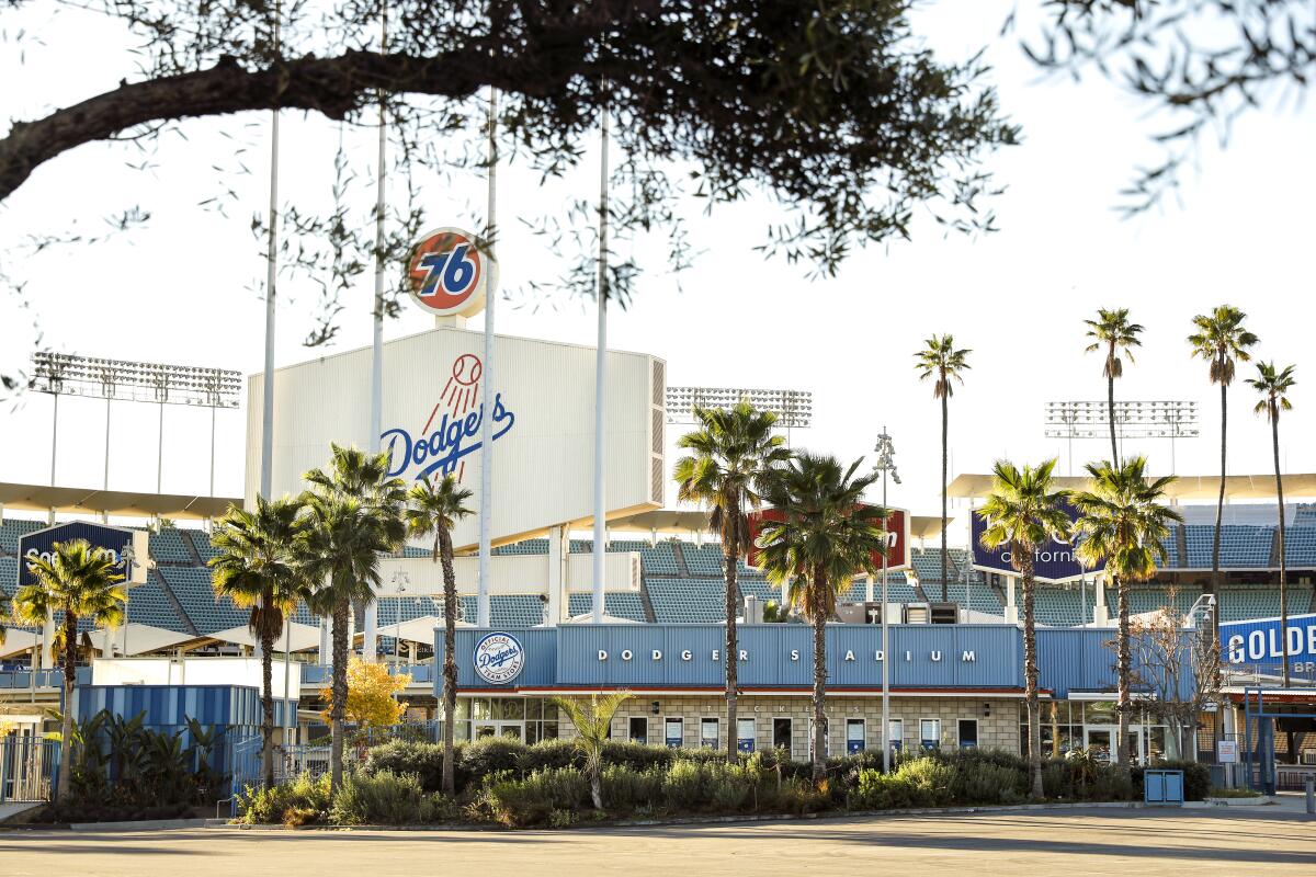 The outside of Dodger Stadium on Friday, February 11, 2022. (Christina House / Los Angeles Times)