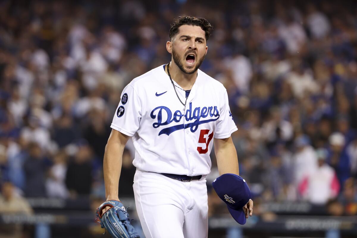 Dodgers relief pitcher Alex Vesia celebrates after the seventh inning during Game 1 of the NLDS on Tuesday.