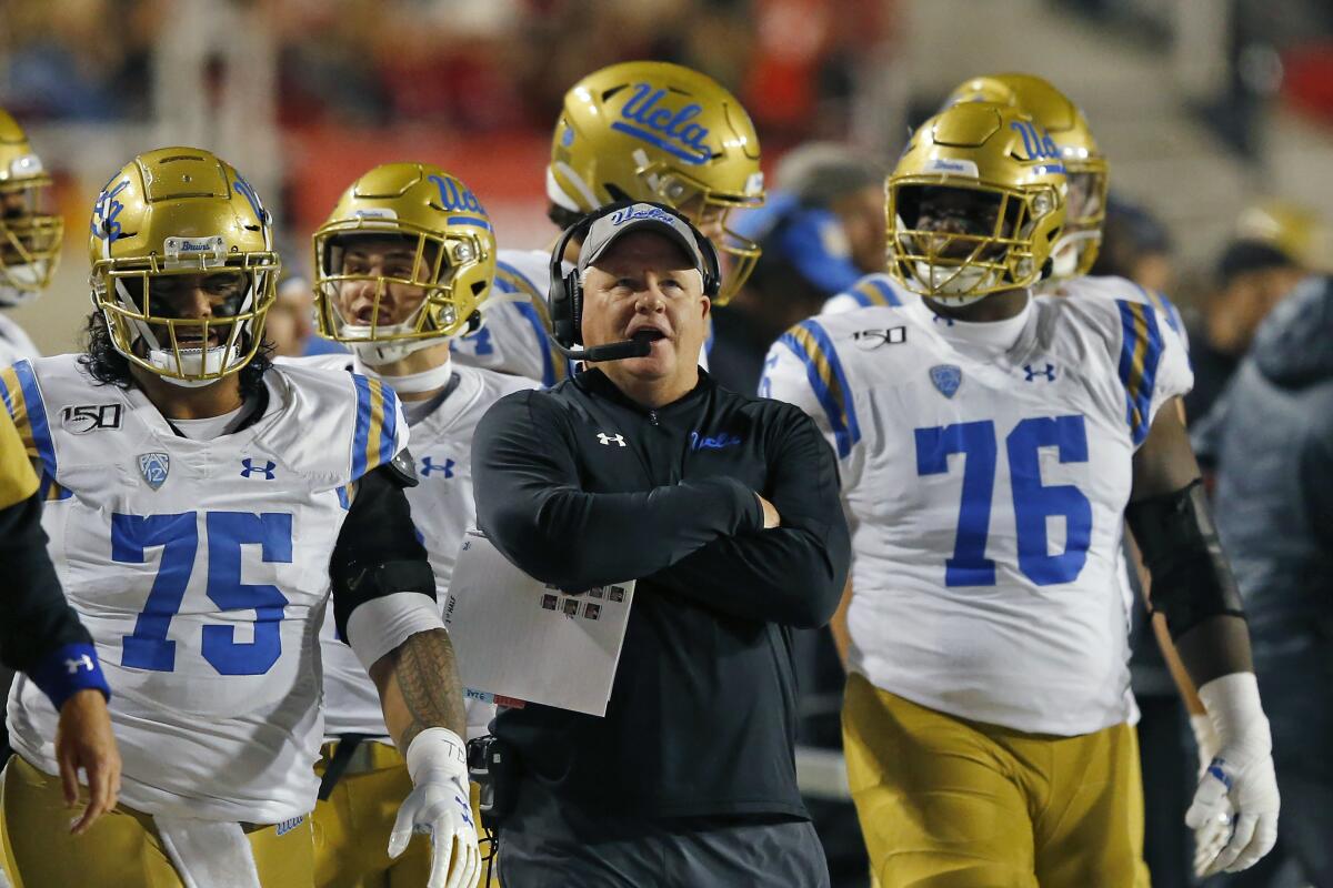 UCLA head coach Chip Kelly looks during a game against Utah in 2019.