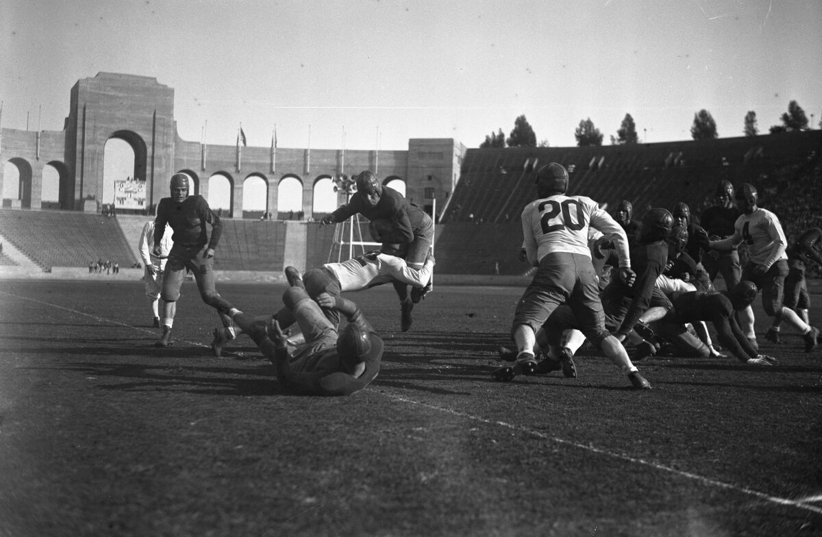 USC plays Notre Dame at the Coliseum during a game, circa 1928.