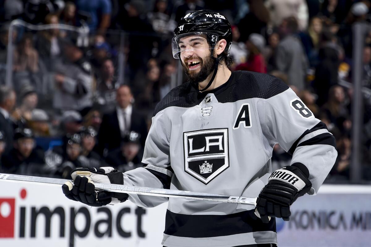 Kings defenseman Drew Doughty smiles during a game against the Vegas Golden Knights in April.