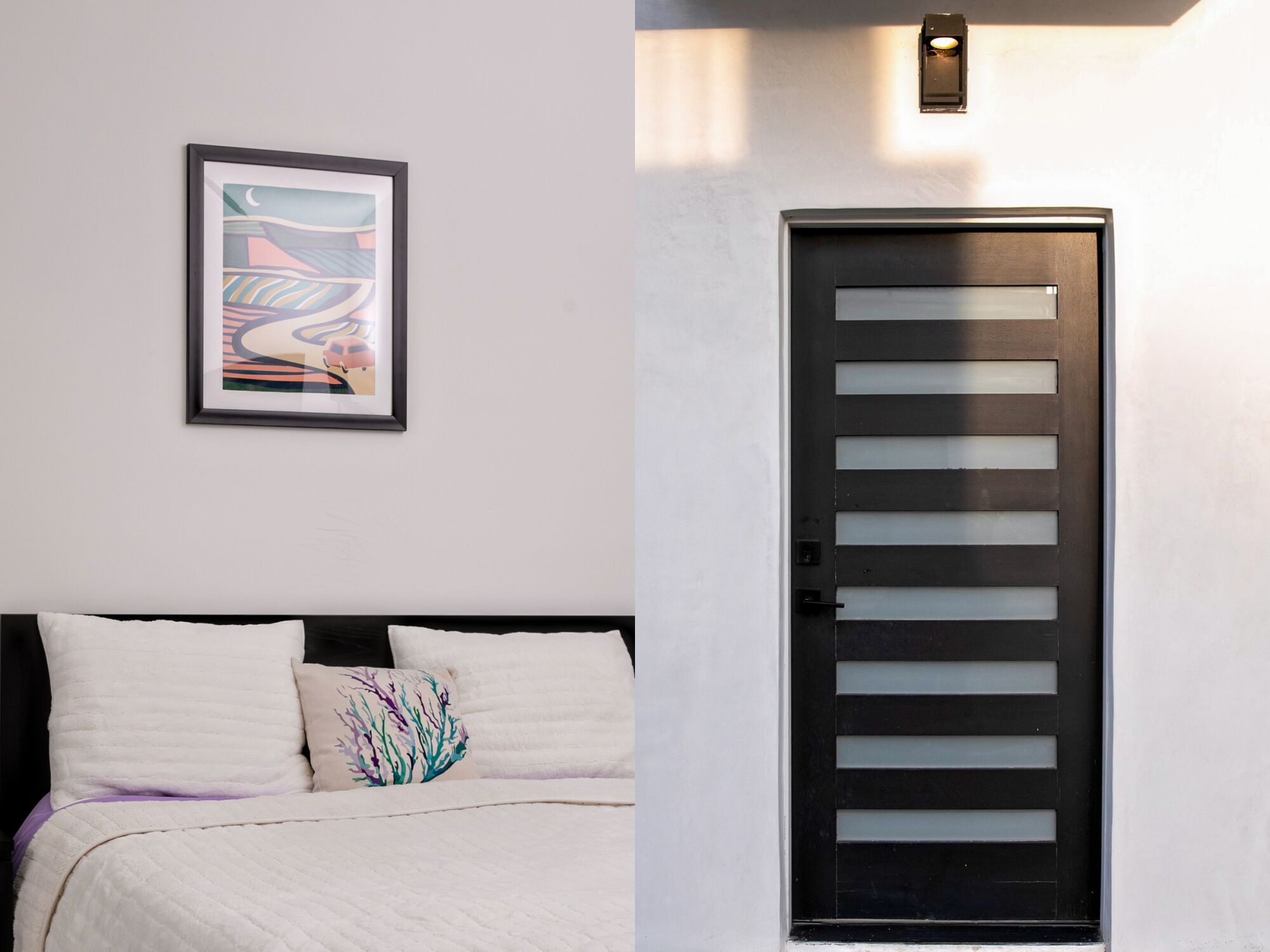 Two photos side by side, one showing a picture frame hanging above a bed, and the other of a front door to a house.