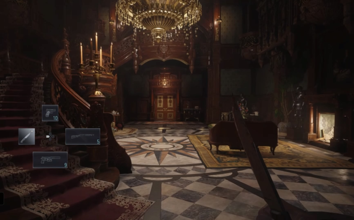 Game protagonist Ethan Winters explores Castle Dimitrescu in “Resident Evil Village.” (Gameplay screenshot, Capcom)