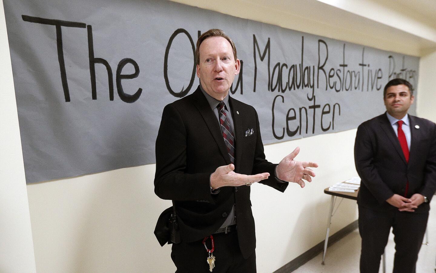 Glendale High School Principal Benjamin Wolf talks about the support he received from the district for classroom 4313 at the dedication of the room, the Olivia Macaulay Restorative Practices Room, at Glendale High School on Wednesday, February 27, 2019.