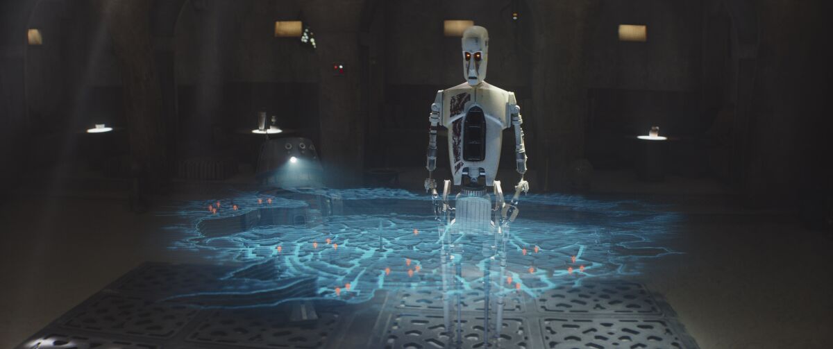 a robot looking at a holographic map