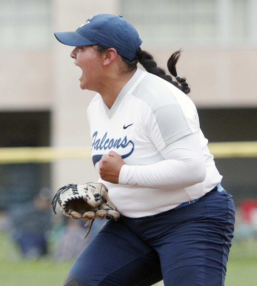 Crescenta Valley's pitcher Dee Dee Hernandez strikes out the final Glendora batter to win the game in a CIF Southern Section Division III second-round softball game at Crescenta Valley High School on Tuesday, May 7, 2019. Crescenta Valley beat Glendora 8-0.