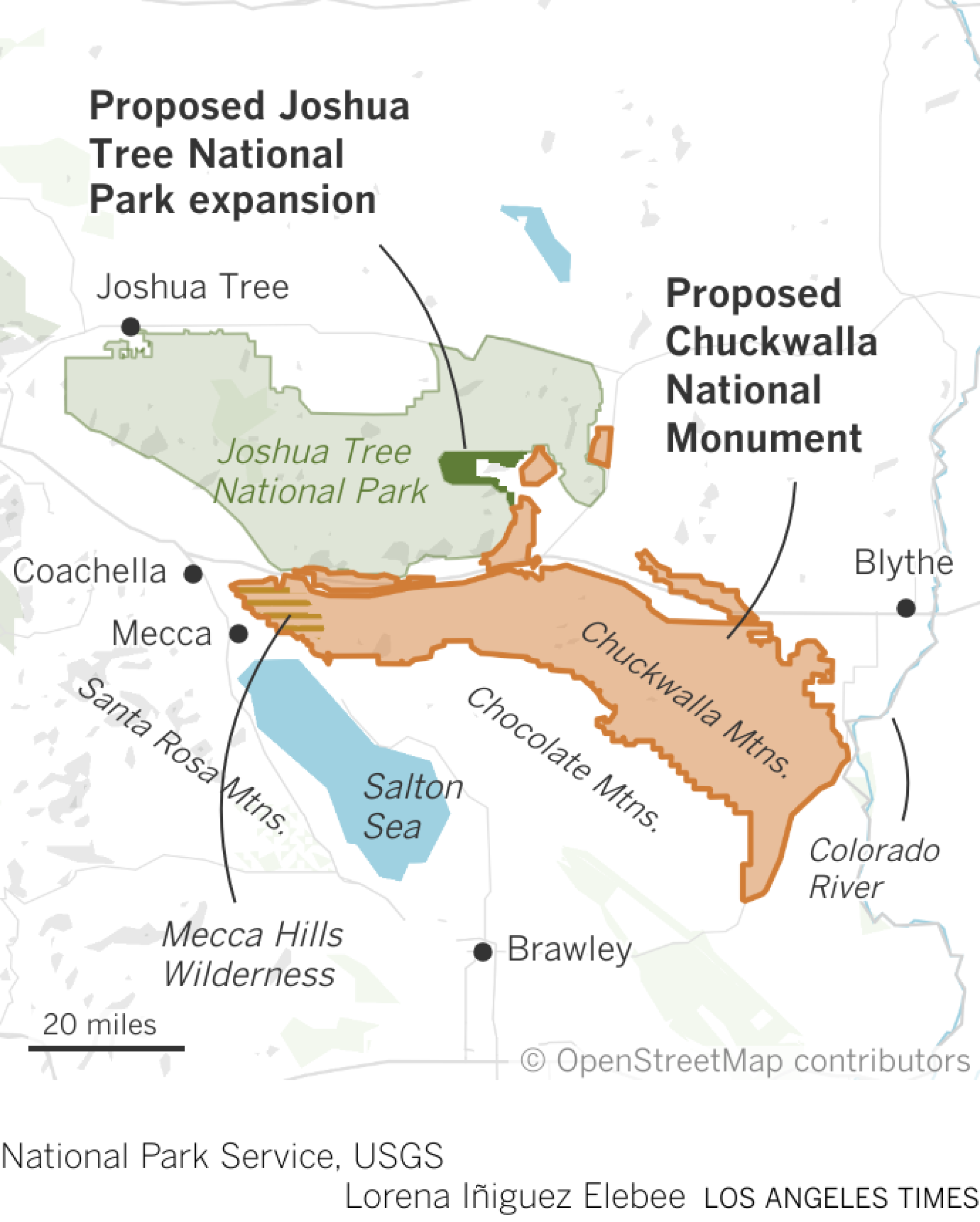 Map locating proposed expansion to Joshua Tree National Park and a proposed Chuckawalla National Monument.