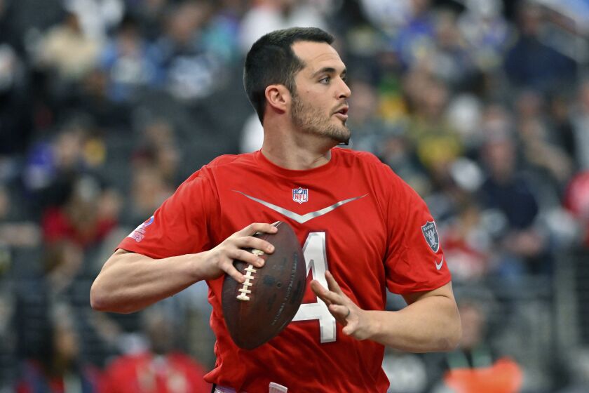 AFC quarterback Derek Carr (4) of the Las Vegas Raiders looks to pass during the flag football event at the NFL Pro Bowl