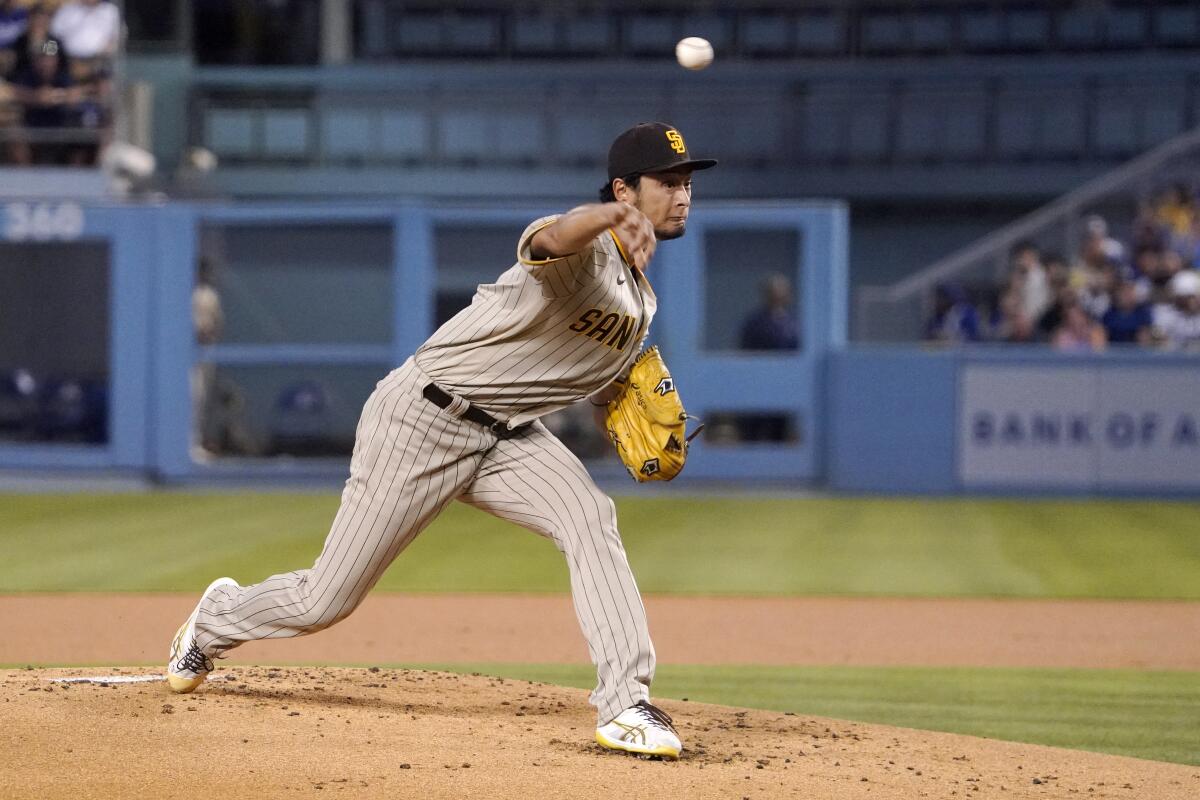 San Diego Padres starting pitcher Yu Darvish throws against the Dodgers on Friday.