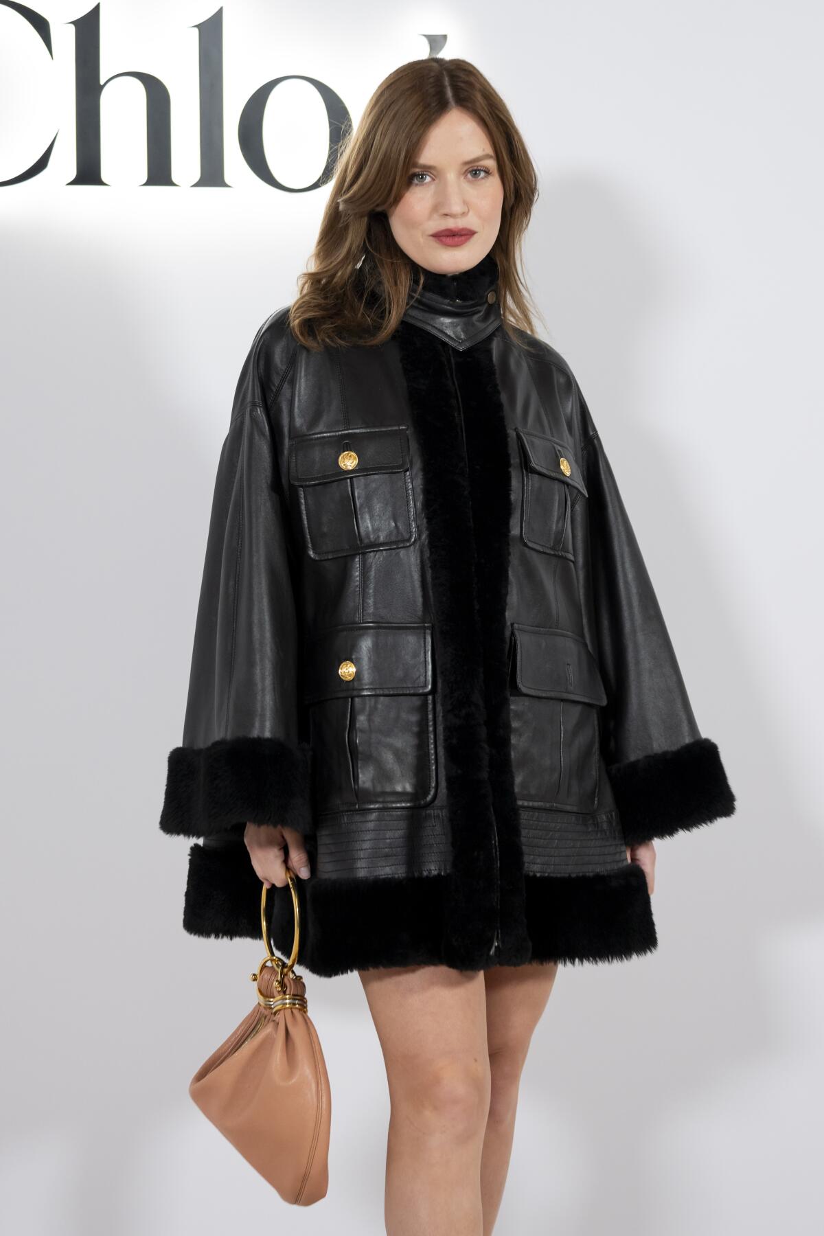 Georgia May Jagger in black leather jacket at the Chloe Fall/Winter 2024-2025 ready-to-wear collection presentation in Paris