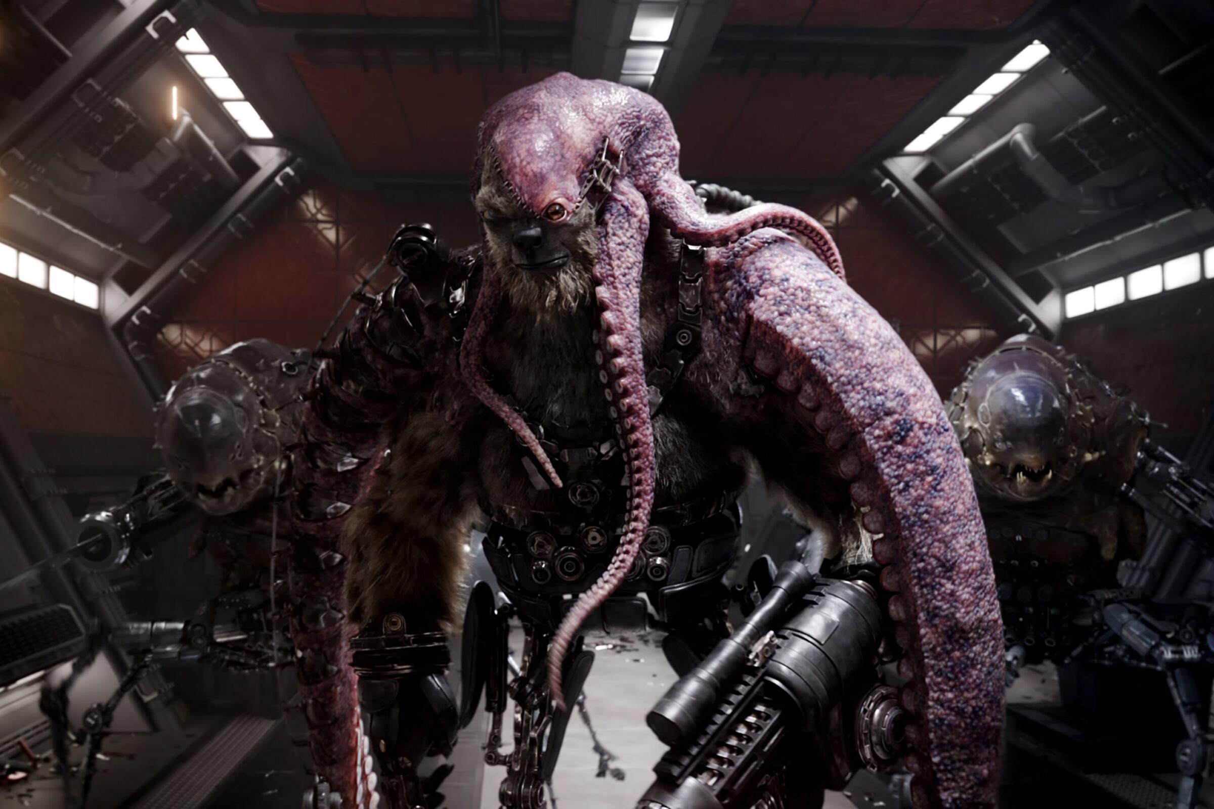 Giant biomechanical monsters with tentacles and blaster guns defend a spaceship in "Guardians of the Galaxy Vol. 3."