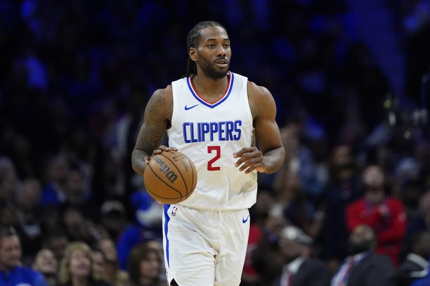 Los Angeles Clippers' Kawhi Leonard plays during an NBA basketball game, Wednesday, March 27, 2024, in Philadelphia. (AP Photo/Matt Slocum)