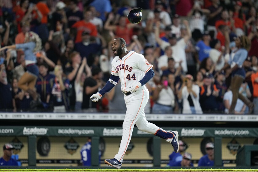 Houston Astros designated hitter Yordan Alvarez (44) celebrates after his walkoff home run during the ninth inning of a baseball game against the Kansas City Royals, Monday, July 4, 2022, in Houston. (AP Photo/Eric Christian Smith)