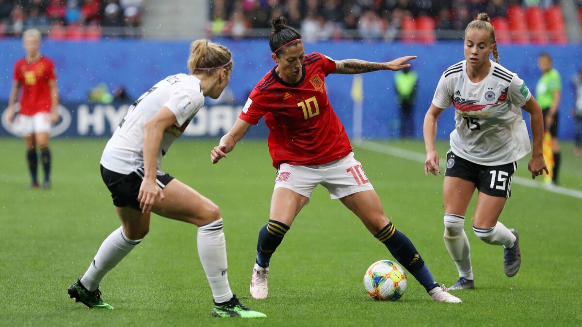 Spain's Jennifer Hermoso controls the ball during a match against Germany in the Women's World Cup on Wednesday.