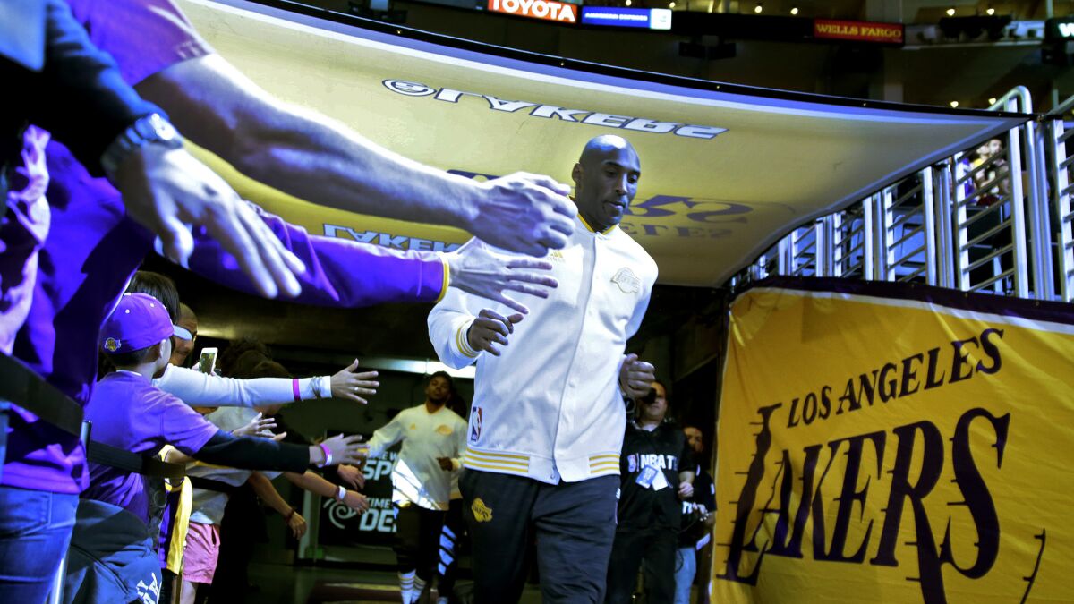 Kobe Bryant before Sunday night's game against the Pacers at Staples Center.