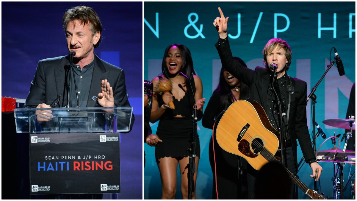 Sean Penn, left, addresses the guests at the sixth Haiti Rising Gala at the Montage Beverly Hills on Jan. 7. At right, surprise musical guest Beck capped off the evening by performing "Where It's At."