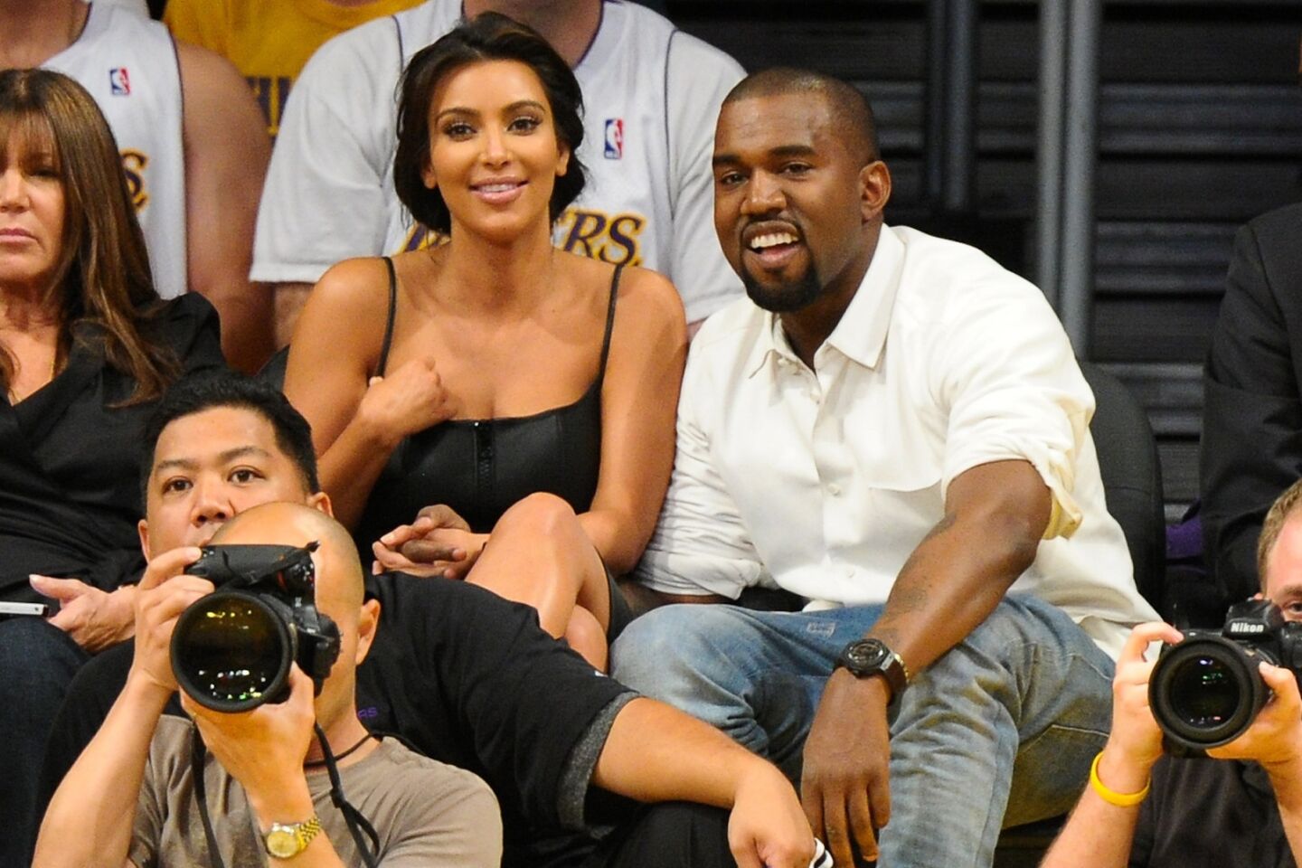 Kim Kardashian and Kanye West attend the Lakers-Denver Nuggets game on May 12, 2012, at Staples Center in Los Angeles.