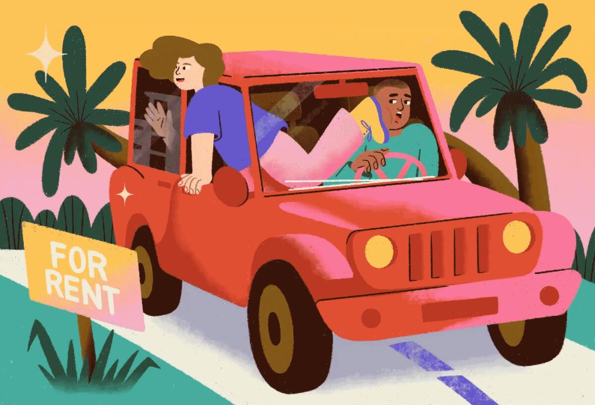 Illustration of a woman leaning out of a car window with her foot pressed against a man's face