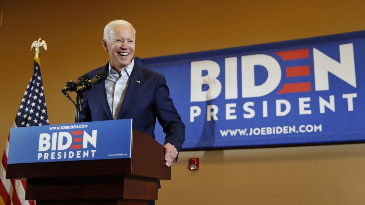 Former Vice President and Democratic presidential candidate Joe Biden speaks at a rally with members of a painters and construction union on May 7 in Henderson, Nev.
