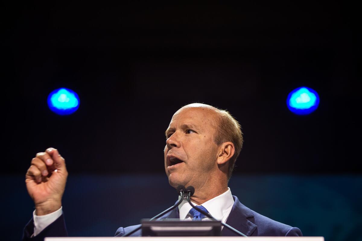Former Rep. John Delaney pauses while addressing the 2019 California Democratic Party convention on final day at Moscone Center on June 2 in San Francisco.