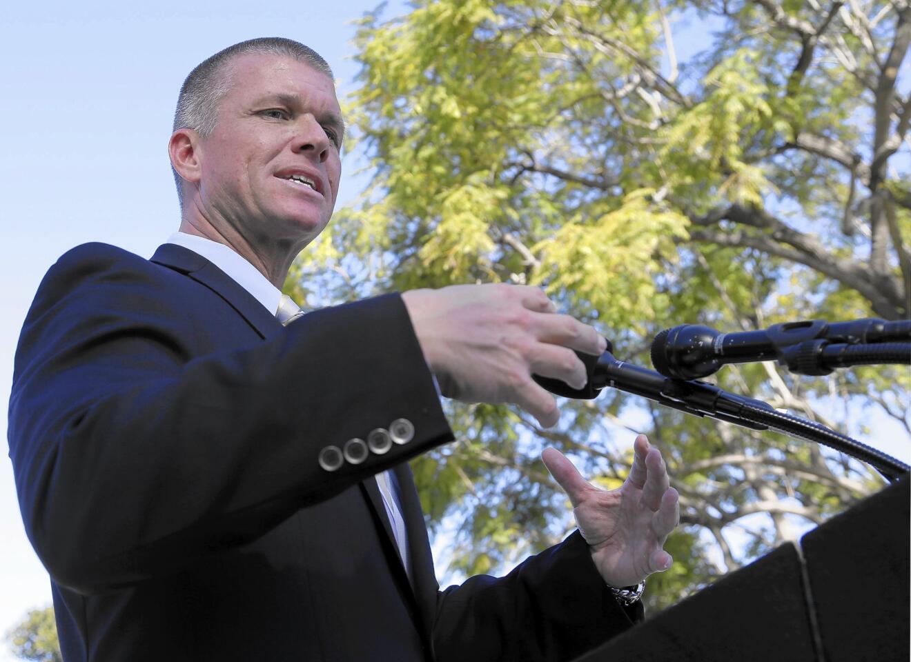 Orange County sheriff's Lt. Jeff Hallock speaks at a news conference Monday outside the Central Men's Jail in Santa Ana, where three inmates escaped Friday.