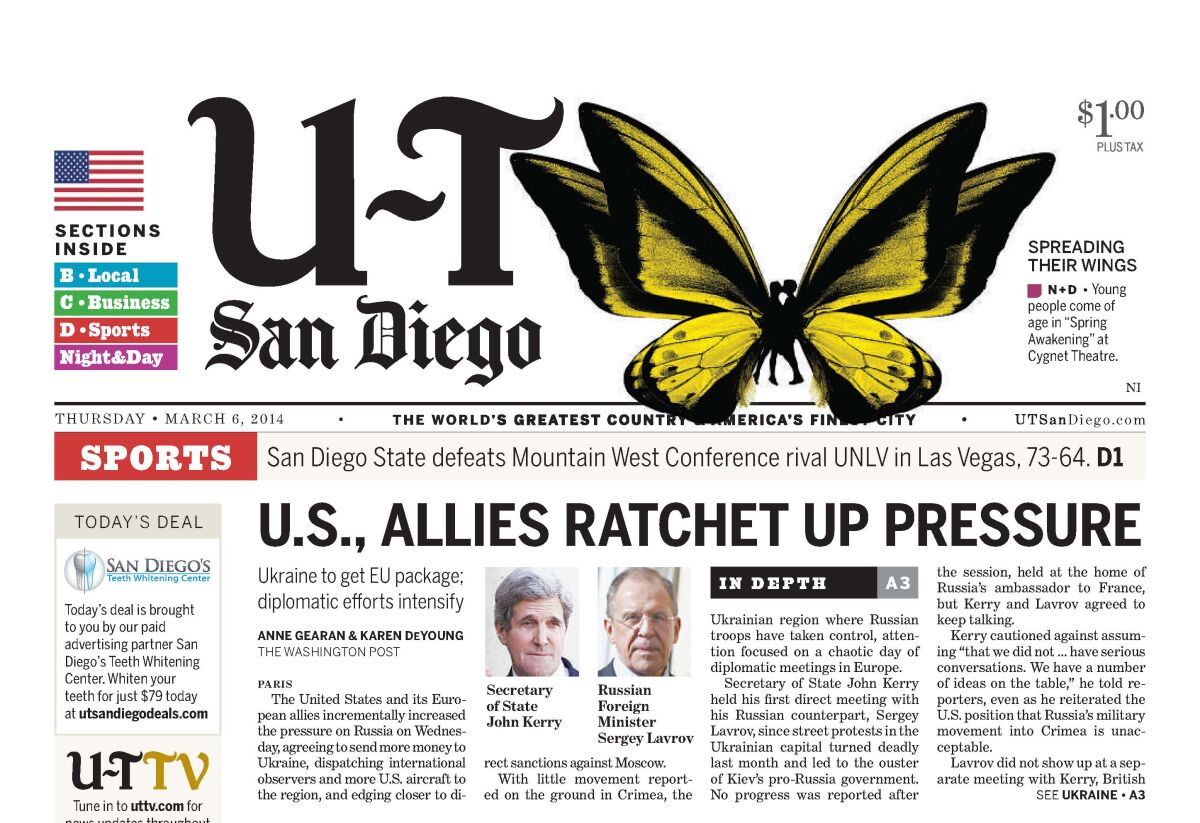 The U-T San Diego front page on March 6, 2014 with Ukraine in the headline
