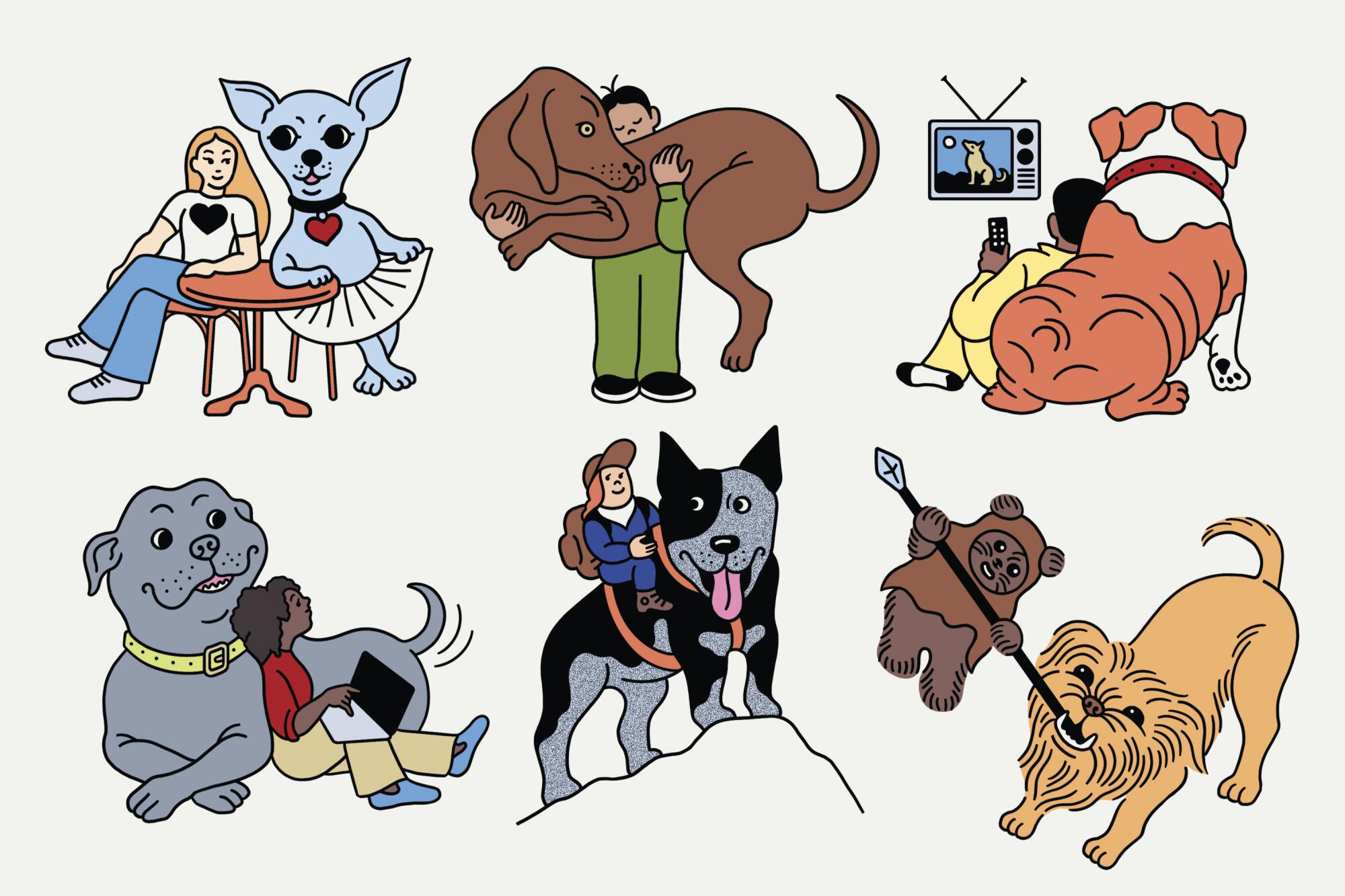 Cartoon illustrations of six pairs of dogs with people