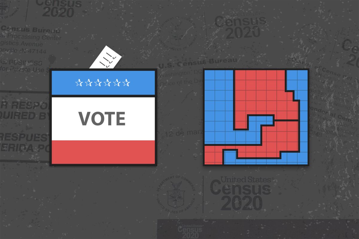 An election and redistricting illustration by Miguel Gutierrez Jr., CalMatters; iStock