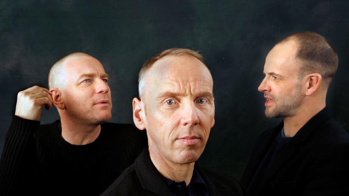 Ewan McGregor, left, Ewen Bremner, front, and Jonny Lee Miller, right, of Trainspotting as they reunite for a sequel 20 years later.