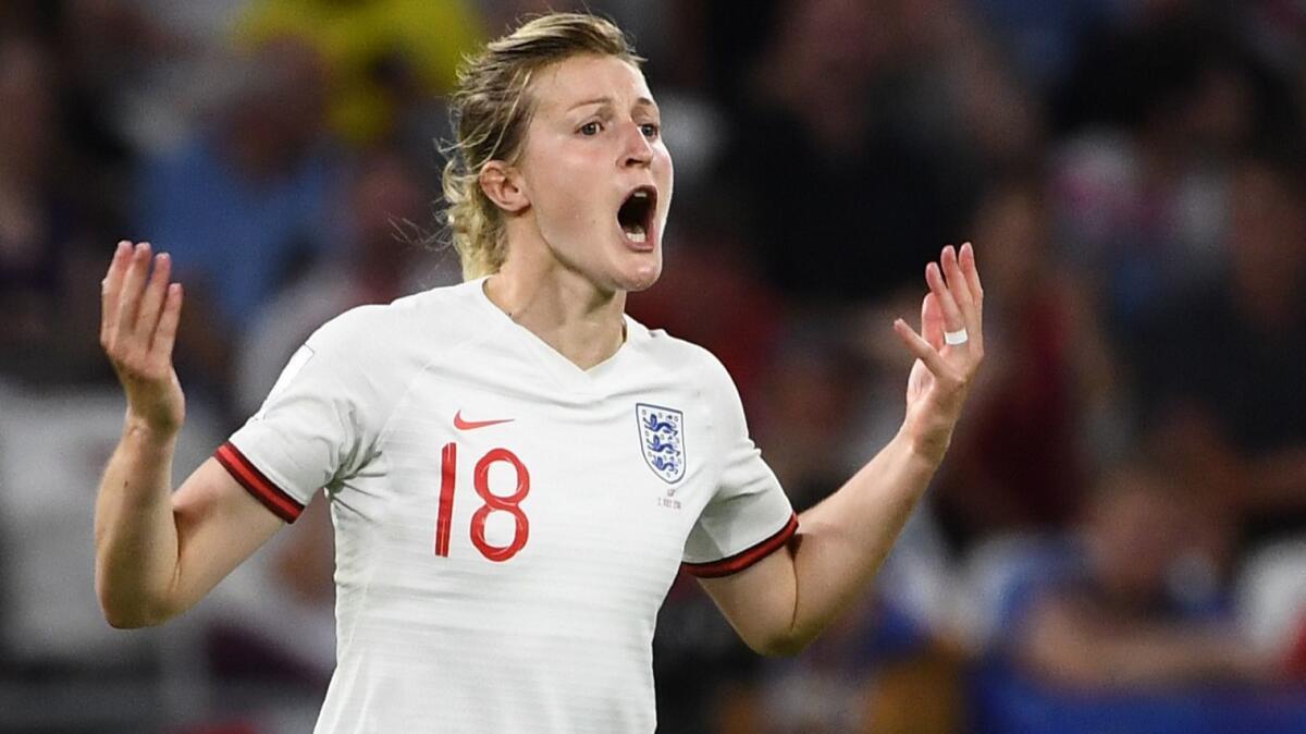 England forward Ellen White reacts after a goal was ruled offside during a semifinal loss to the U.S.