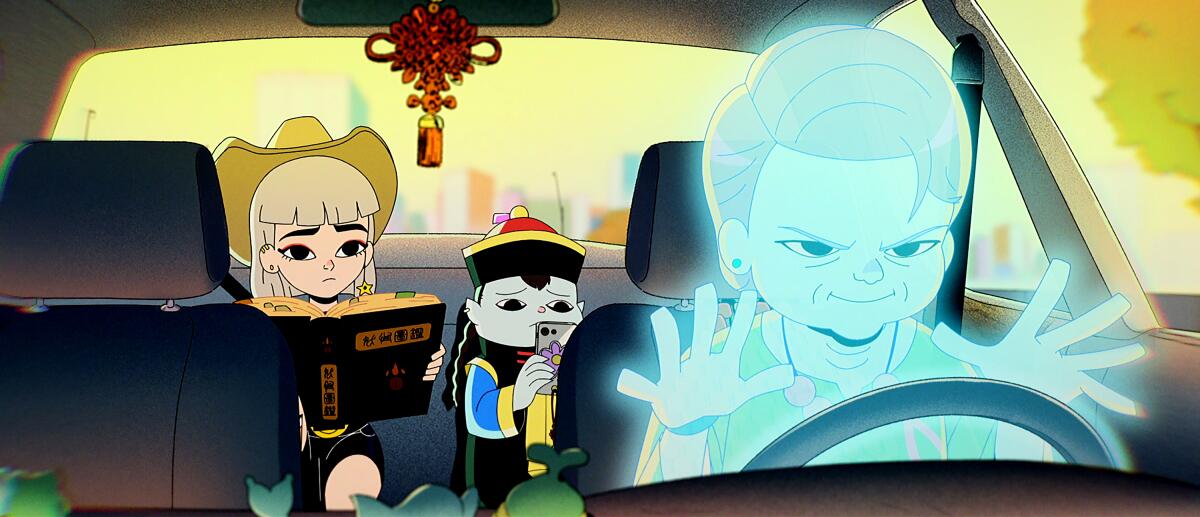 a ghost driving a car with a teenage girl and a jiangshi in the backsteat