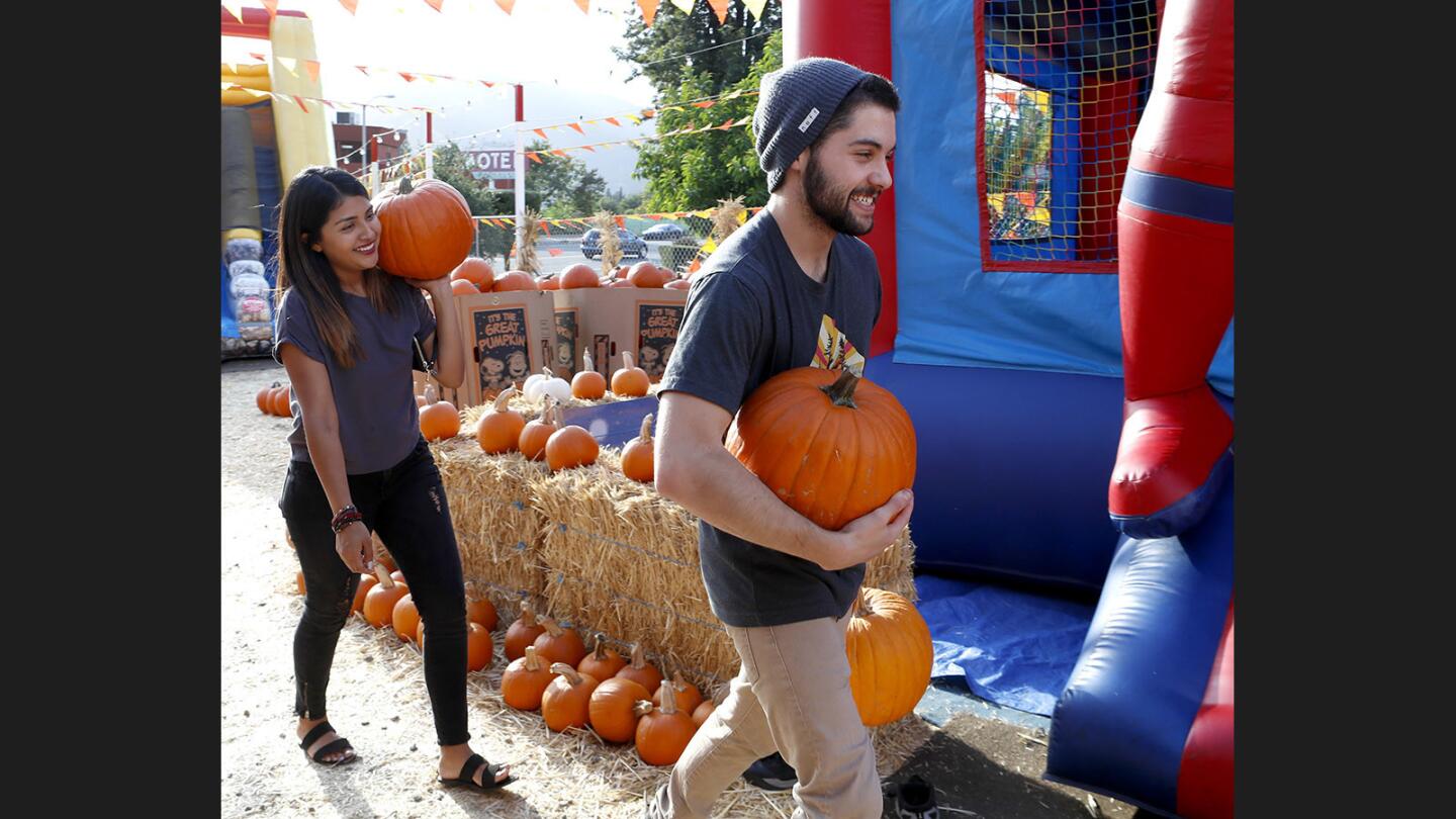 Monica Montoya, 22, of Van Nuys, and her boyfriend Brenton Miller, 22 of Montrose, carry pumpkins for carving, at the La Crescenta Pumpkin Patch, in La Crescenta on Friday, Oct. 20, 2017. The pumpkin patch, located at the corner of Briggs and Foothill Blvd., next to the La Crescenta Motel, has a petting zoo and children can play all day, same day, on the slides and jumpers, as long as they don't wash away their stamp.