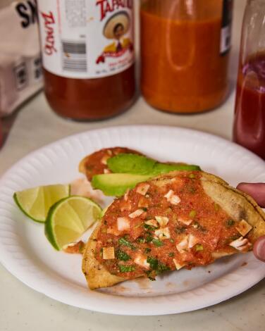 Shrimp dorado taco from Mariscos Jalisco, photographed for the 101 Best Tacos 2024 on Thursday, July 18th, 2024 in Los Angeles, CA. (Andrea D'Agosto / For The Times)