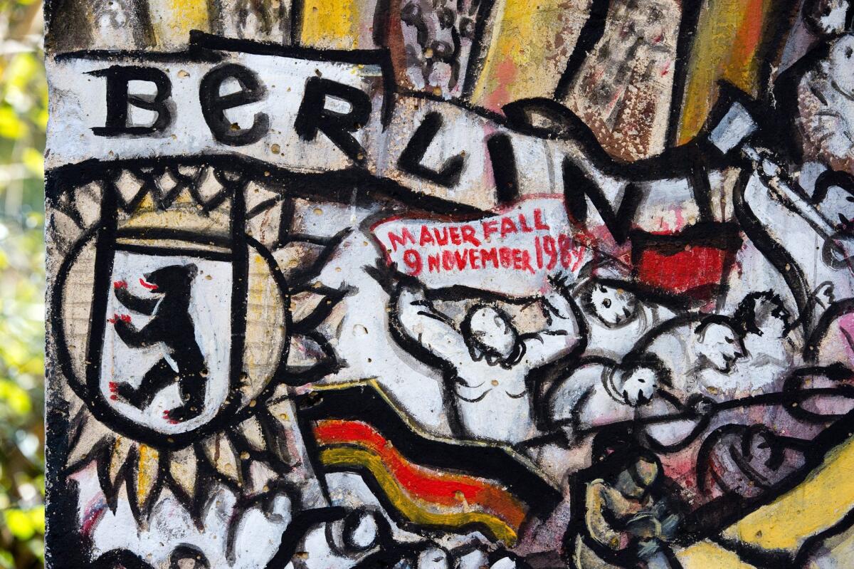 An original segment of the Berlin Wall is presented in Leipzig, Germany.
