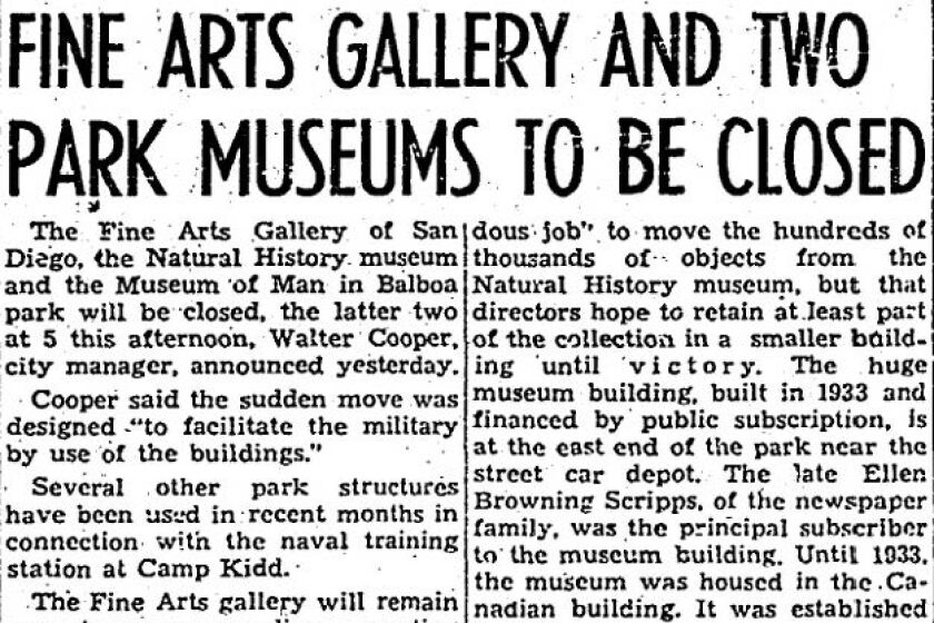 "Fine Arts Galley And Two Park Museums To Be Closed," from the San Diego Union, Sunday, March 7, 1943.