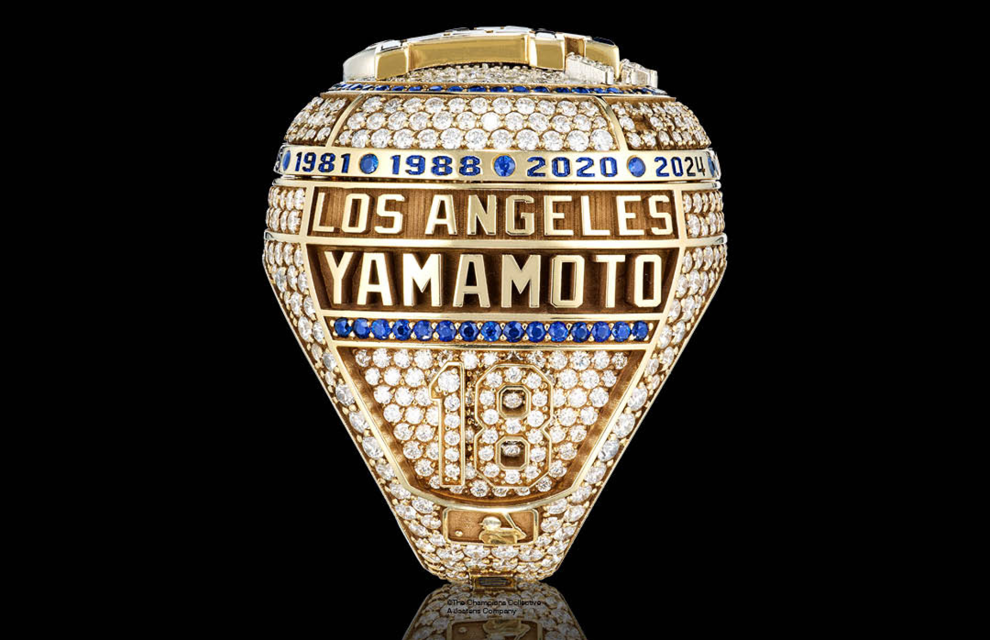 Uma visão detalhada da borda do anel do 2025 Dodgers World Series Championship.