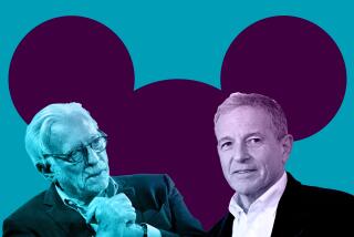 Nelson Peltz and Bob Iger with a mouse ears icon in the background
