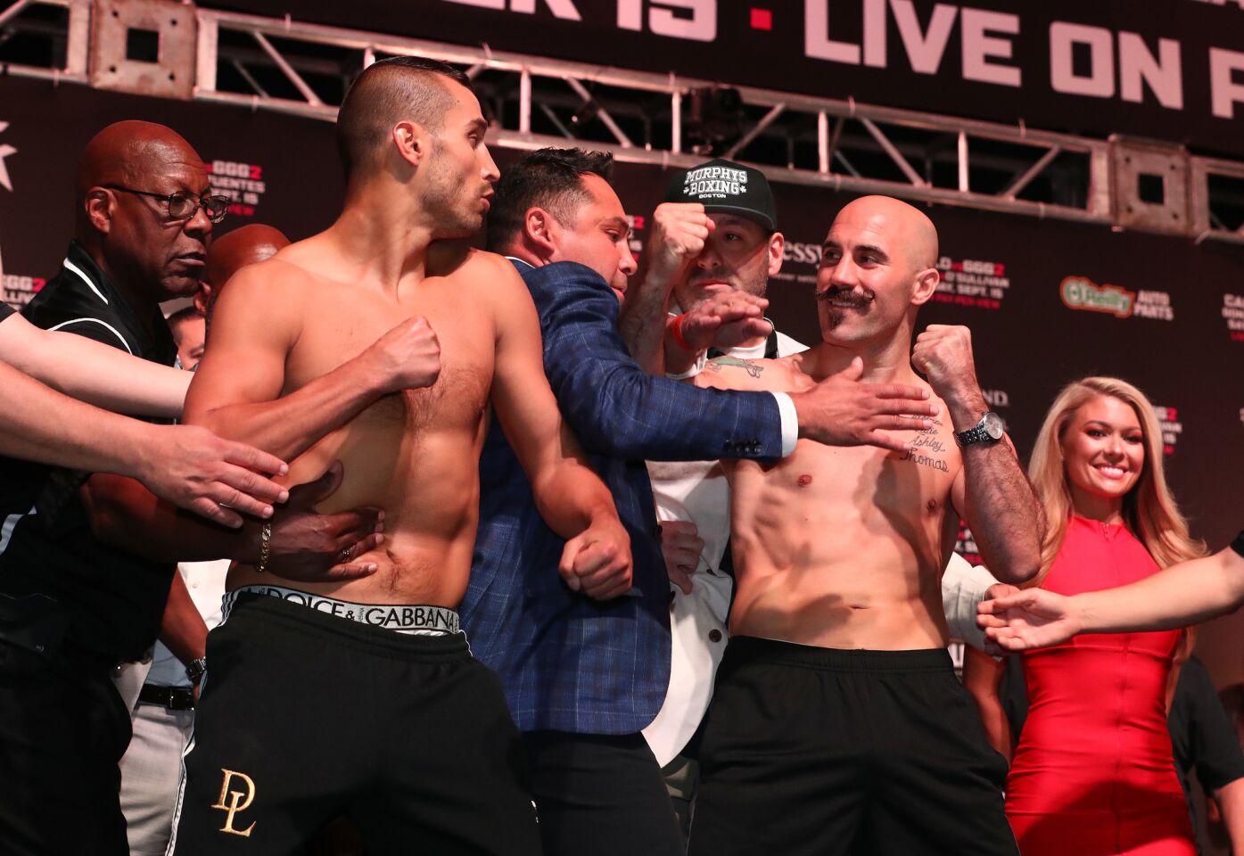 LAS VEGAS, NV - SEPTEMBER 14: David Lemieux and Gary "Spike" O'Sullivan scuffle after their weigh in for their middleweight bout at the T Mobile Arena on September 14, 2018 in Las Vegas, Nevada. (Photo by Al Bello/Getty Images) ** OUTS - ELSENT, FPG, CM - OUTS * NM, PH, VA if sourced by CT, LA or MoD **
