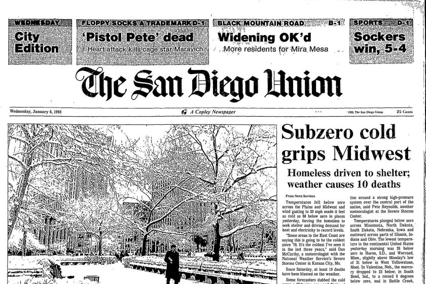 Front page of The San Diego Union, Wednesday, January 6, 1988.