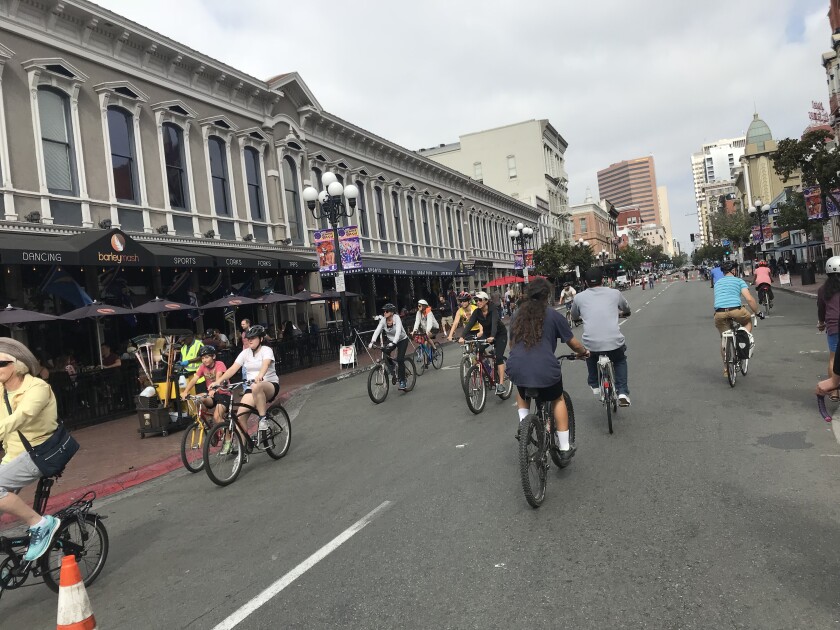 In 2017, streets were closed to cars in the Gaslamp area for the CicloSDias celebration. 