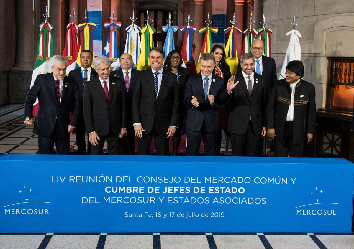 (L to R) Chile's President Sebastian Pinera, Uruguay's President Tabare Vazquez, Brazil's President Jair Bolsonaro, Argentina's President Mauricio Macri, Paraguay's President Mario Abdo Benitez and Bolivia's President Evo Morales pose for a family photo during the 54th Summit of Heads of State of Mercosur and Associated States in Santa Fe, Argentina on July 17, 2019. (Photo by STRINGER / AFP)STRINGER/AFP/Getty Images ** OUTS - ELSENT, FPG, CM - OUTS * NM, PH, VA if sourced by CT, LA or MoD **