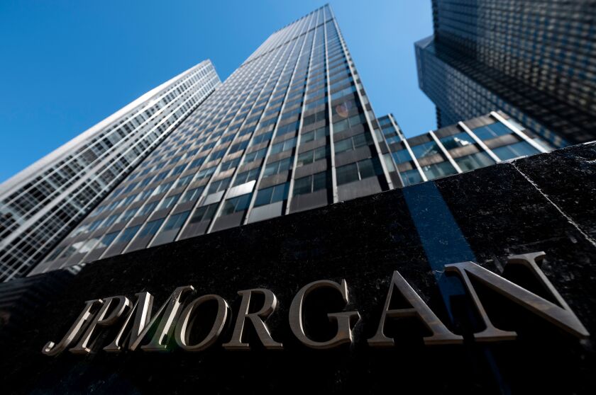 JP Morgan sign on it's headquarters skyscraper 