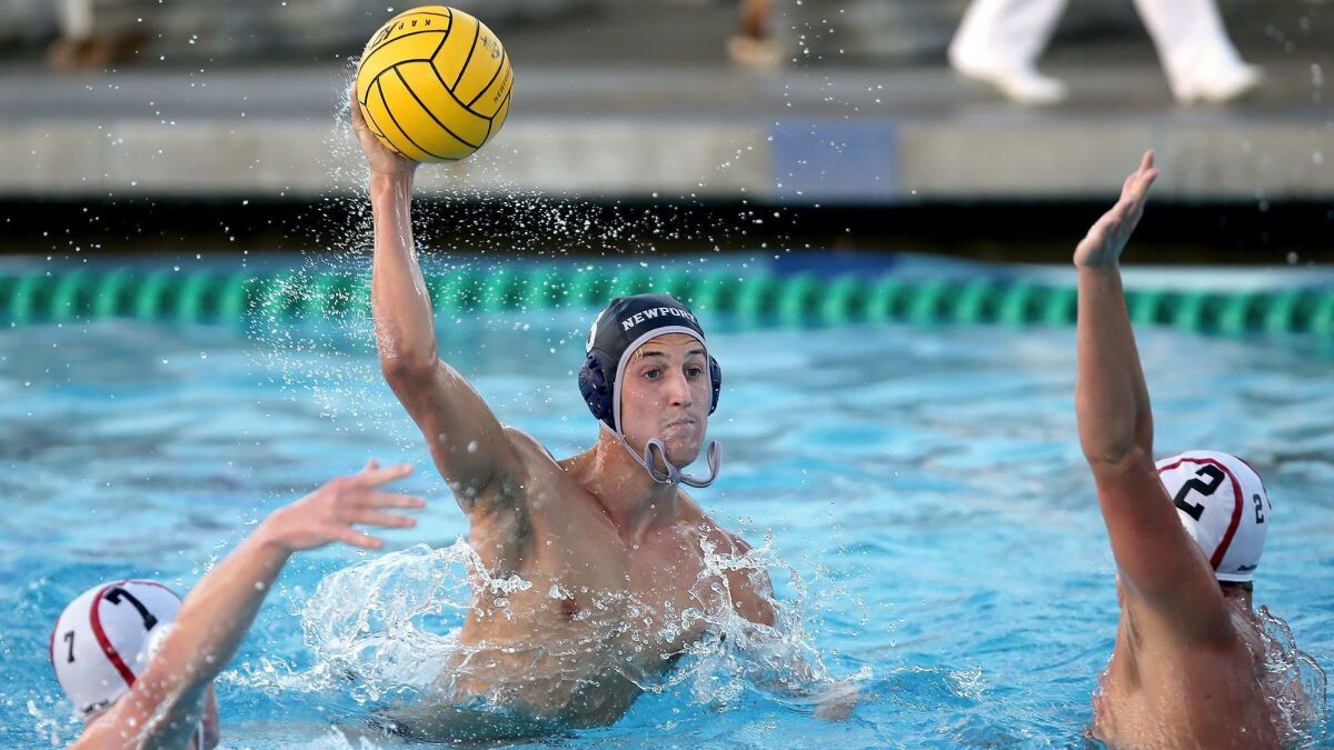 Newport Harbor High's Jack White, shown shooting against Studio City Harvard-Westlake on Oct. 6, 2018, was an All-CIF Southern Section Division 1 selection in boys' water polo.