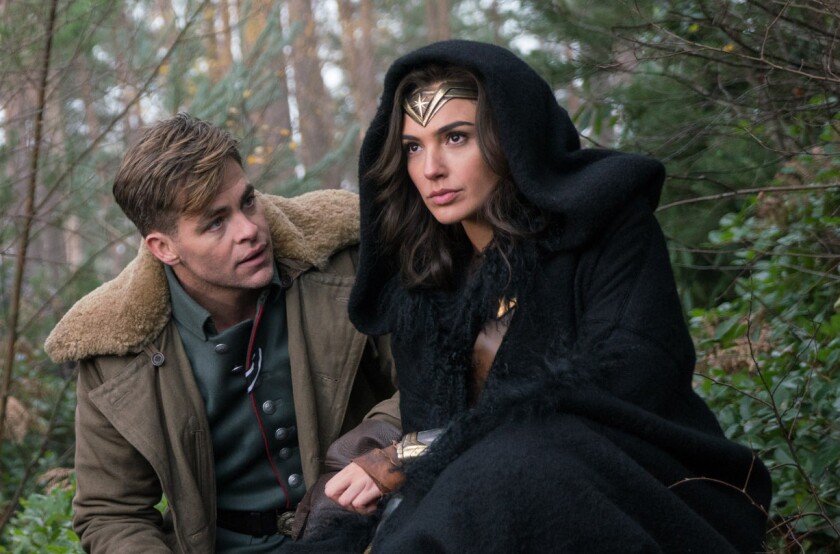 Chris Pine plays American pilot Steve Trevor and Gal Gadot plays the title role in "Wonder Woman."